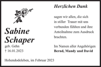 Traueranzeige von Sabine Schaper (geb. Gehn)  von Magdeburger Volksstimme