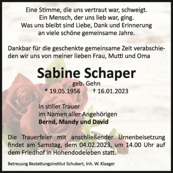 Traueranzeige von Sabine Schaper (geb. Gehn)  von Magdeburger Volksstimme
