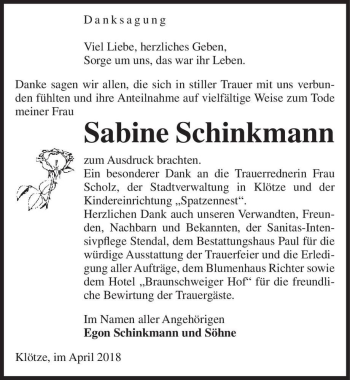 Traueranzeige von Sabine Schinkmann  von Magdeburger Volksstimme