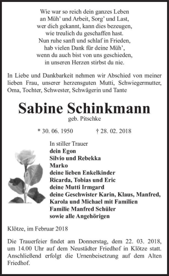 Traueranzeige von Sabine Schinkmann (geb. Pitschke)  von Magdeburger Volksstimme