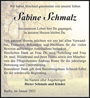 Traueranzeige von Sabine Schmalz  von Magdeburger Volksstimme