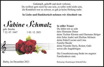 Traueranzeige von Sabine Schmalz (geb. Srocke)  von Magdeburger Volksstimme