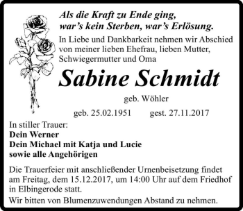 Traueranzeige von Sabine Schmidt  von Magdeburger Volksstimme