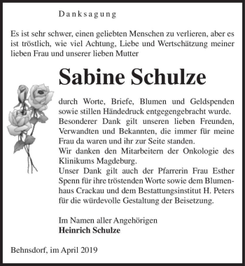 Traueranzeige von Sabine Schulze  von Magdeburger Volksstimme