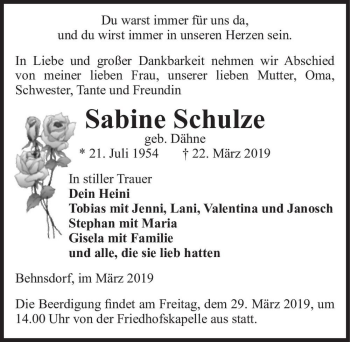 Traueranzeige von Sabine Schulze (geb. Dähne)  von Magdeburger Volksstimme