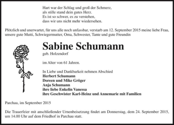 Traueranzeige von Sabine Schumann (geb. Holzendorf)  von Magdeburger Volksstimme