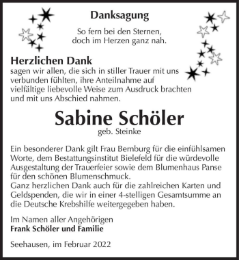 Traueranzeige von Sabine Schöler (geb. Steinke)  von Magdeburger Volksstimme