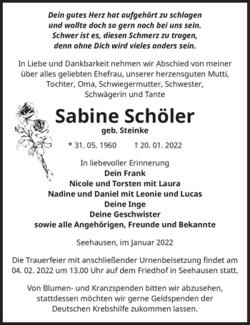 Traueranzeige von Sabine Schöler (geb. Steinke)  von Magdeburger Volksstimme