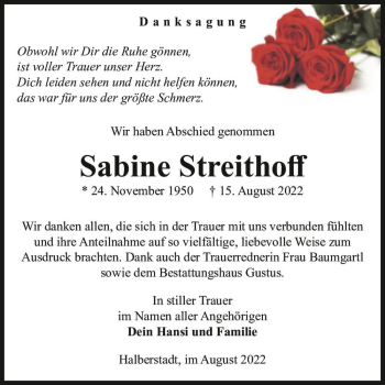 Traueranzeige von Sabine Streithoff  von Magdeburger Volksstimme