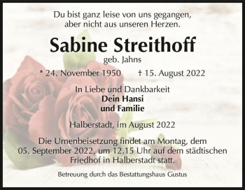 Traueranzeige von Sabine Streithoff (geb. Jahns)  von Magdeburger Volksstimme