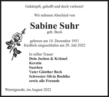 Traueranzeige von Sabine Suhr (geb. Beck)  von Magdeburger Volksstimme