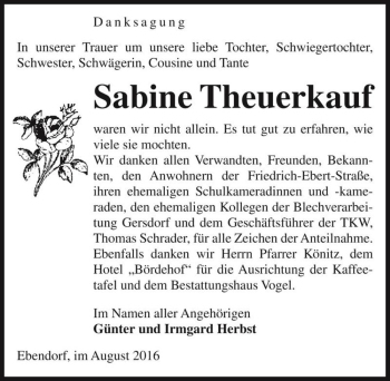 Traueranzeige von Sabine Theuerkauf  von Magdeburger Volksstimme