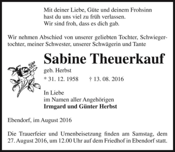 Traueranzeige von Sabine Theuerkauf (geb. Herbst)  von Magdeburger Volksstimme
