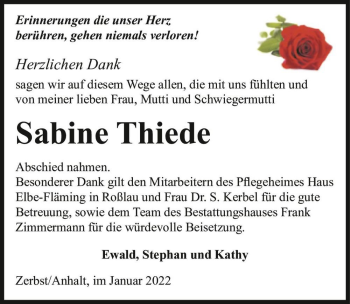 Traueranzeige von Sabine Thiede  von Magdeburger Volksstimme