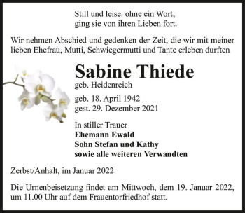 Traueranzeige von Sabine Thiede (geb. Heidenreich)  von Magdeburger Volksstimme