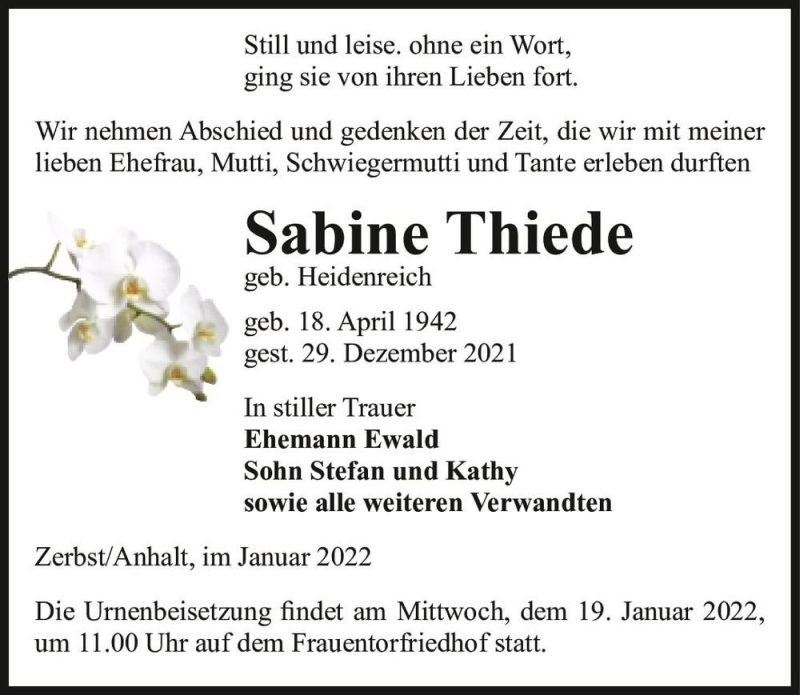  Traueranzeige für Sabine Thiede (geb. Heidenreich)  vom 08.01.2022 aus Magdeburger Volksstimme