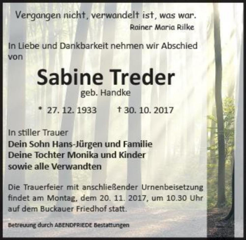Traueranzeige von Sabine Treder (geb. Handke)  von Magdeburger Volksstimme