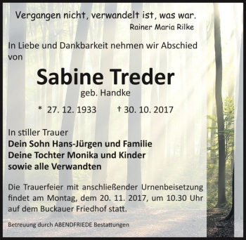 Traueranzeige von Sabine Treder (geb. Handke)  von Magdeburger Volksstimme