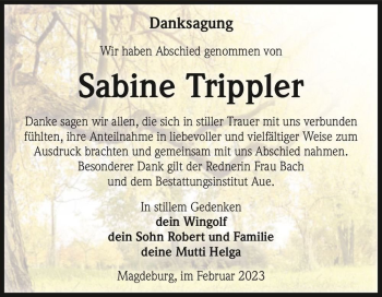 Traueranzeige von Sabine Trippler  von Magdeburger Volksstimme