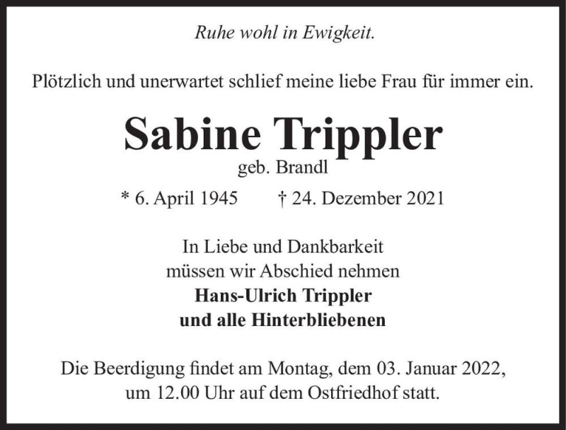  Traueranzeige für Sabine Trippler (geb. Brandl)  vom 31.12.2021 aus Magdeburger Volksstimme