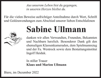 Traueranzeige von Sabine Ullmann  von Magdeburger Volksstimme