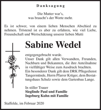 Traueranzeige von Sabine Wedel  von Magdeburger Volksstimme