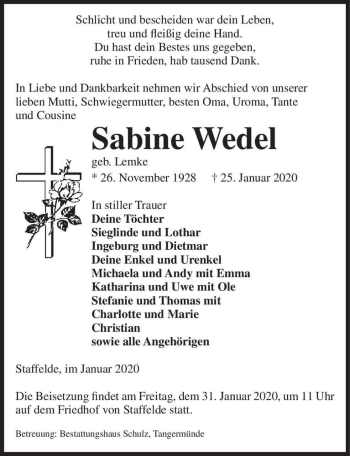 Traueranzeige von Sabine Wedel (geb. Lemke)  von Magdeburger Volksstimme