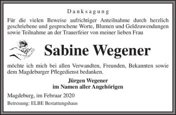 Traueranzeige von Sabine Wegener  von Magdeburger Volksstimme