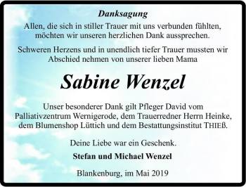 Traueranzeige von Sabine Wenzel  von Magdeburger Volksstimme
