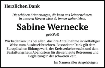 Traueranzeige von Sabine Wernecke (geb. Voß)  von Magdeburger Volksstimme