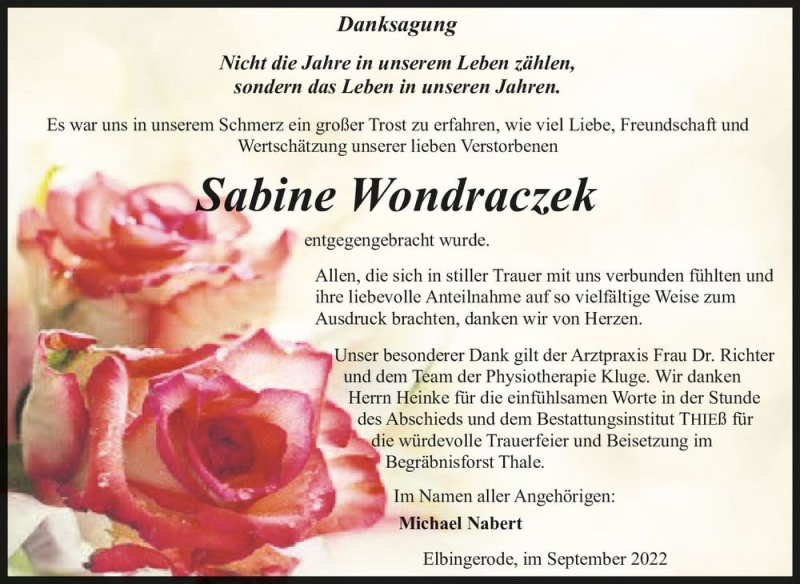  Traueranzeige für Sabine Wondraczek  vom 10.09.2022 aus Magdeburger Volksstimme