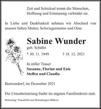 Traueranzeige von Sabine Wunder (geb. Schäfer)  von Magdeburger Volksstimme
