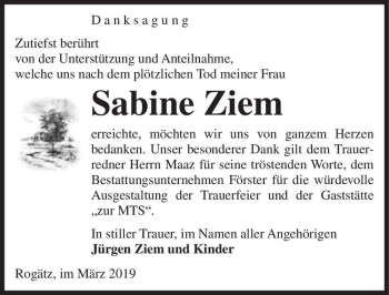 Traueranzeige von Sabine Ziem  von Magdeburger Volksstimme