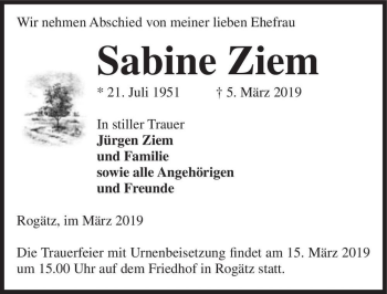 Traueranzeige von Sabine Ziem  von Magdeburger Volksstimme