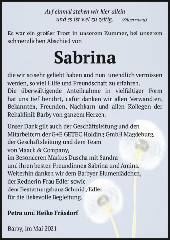 Traueranzeige von Sabrina  von Magdeburger Volksstimme