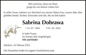 Traueranzeige von Sabrina Dobrawa  von Magdeburger Volksstimme
