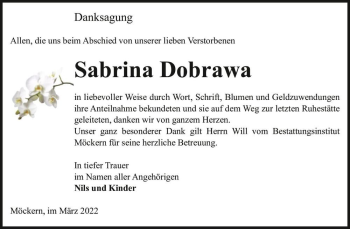 Traueranzeige von Sabrina Dobrawa  von Magdeburger Volksstimme
