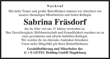 Traueranzeige von Sabrina Fräsdorf  von Magdeburger Volksstimme