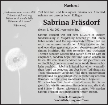 Traueranzeige von Sabrina Fräsdorf  von Magdeburger Volksstimme