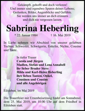 Traueranzeige von Sabrina Heberling  von Magdeburger Volksstimme