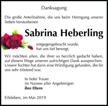 Traueranzeige von Sabrina Heberling  von Magdeburger Volksstimme