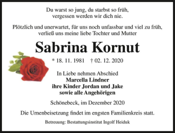 Traueranzeige von Sabrina Kornut  von Magdeburger Volksstimme
