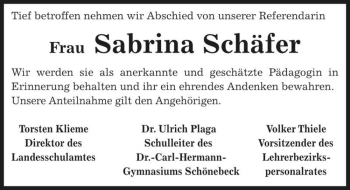 Traueranzeige von Sabrina Schäfer  von Magdeburger Volksstimme