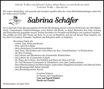 Traueranzeige von Sabrina Schäfer  von Magdeburger Volksstimme