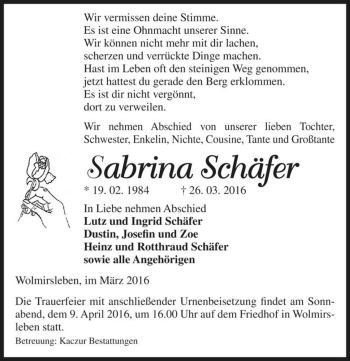 Traueranzeige von Sabrina Schäfer  von Magdeburger Volksstimme