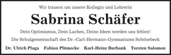 Traueranzeige von Sabrina Schäfer  von Magdeburger Volksstimme