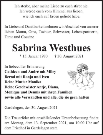Traueranzeige von Sabrina Westhues  von Magdeburger Volksstimme