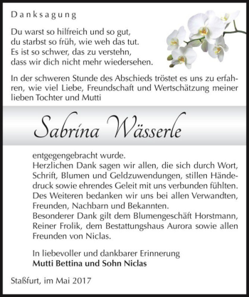 Traueranzeige von Sabrina Wässerle  von Magdeburger Volksstimme