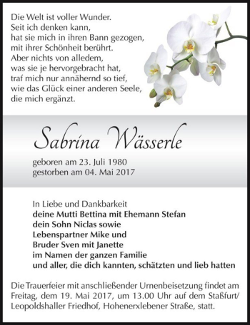 Traueranzeige von Sabrina Wässerle  von Magdeburger Volksstimme
