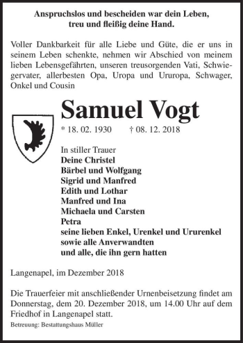 Traueranzeige von Samuel Vogt  von Magdeburger Volksstimme